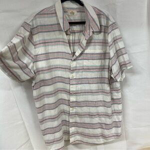 Marine Layer Casual Striped Button Down Shirt - Cream, Pink, Blue XXL
